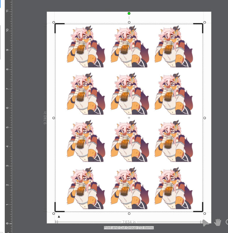 A full sheet of twelve identical character stickers ready to cut.